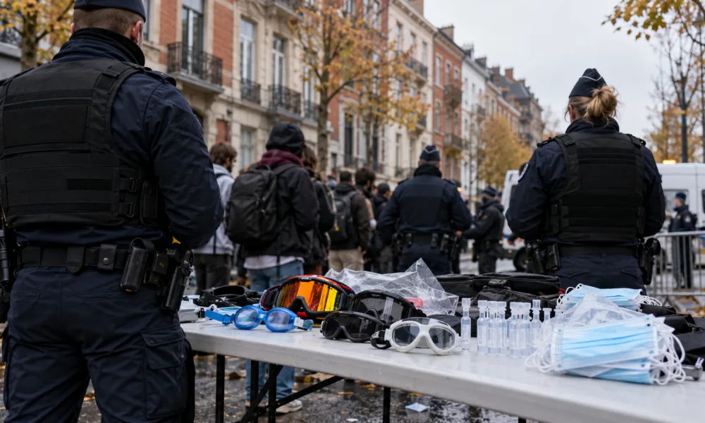 Policja w Brukseli broni zabrania demonstrantom okularów do pływania i soli fizjologicznej – powołuje się na artykuł 30 ustawy o funkcji policji