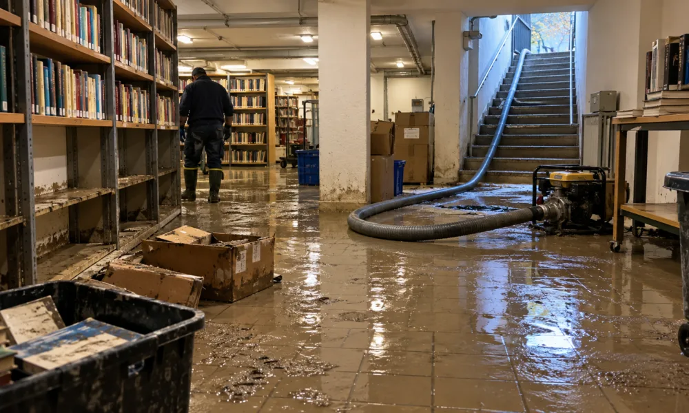 Huldenberg odpłytkował plac przed urzędem gminy – po dwóch jesiennych sztormach woda w piwnicach ratusza i biblioteki