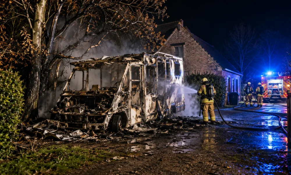 Kamper doszczętnie spłonął w Ravels – mężczyzna w środku zdążył uciec, słychać było wybuchy butli gazowych