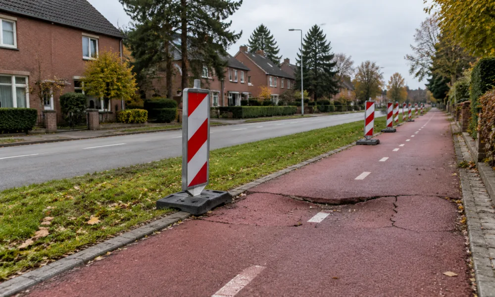 Biało-czerwone pachołki od ponad roku na ścieżce rowerowej w Houthalen-Helchteren – gmina: pod Varenstraat grożą zapadliska
