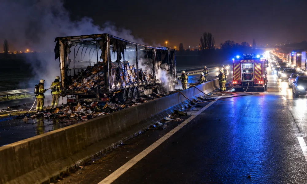 Płonąca ciężarówka zablokowała E40 w Nevele w kierunku Gandawy – kierowcy utknęli w korku na kilka godzin