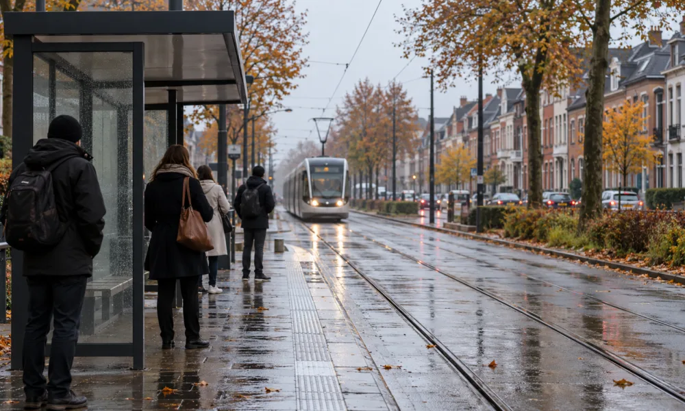 Przystanek tramwajowy w deszczowy jesienny poranek