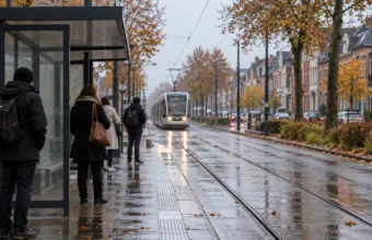 Przystanek tramwajowy w deszczowy jesienny poranek