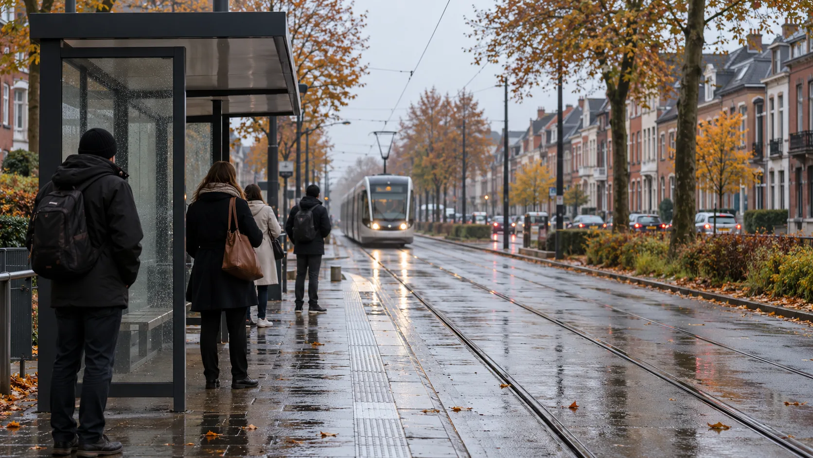 Przystanek tramwajowy w deszczowy jesienny poranek
