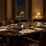 Pusta sala obrad rządu wieczorem, stół z dokumentami