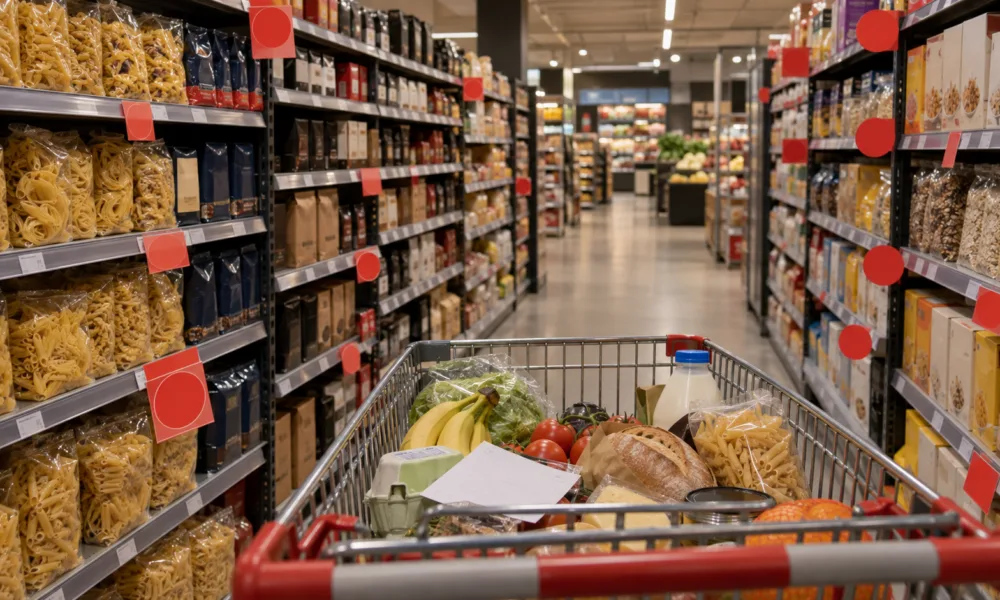 Alejka belgijskiego supermarketu z czerwonymi naklejkami promocyjnymi i wózkiem na zakupy