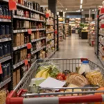 Alejka belgijskiego supermarketu z czerwonymi naklejkami promocyjnymi i wózkiem na zakupy