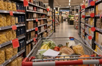 Alejka belgijskiego supermarketu z czerwonymi naklejkami promocyjnymi i wózkiem na zakupy