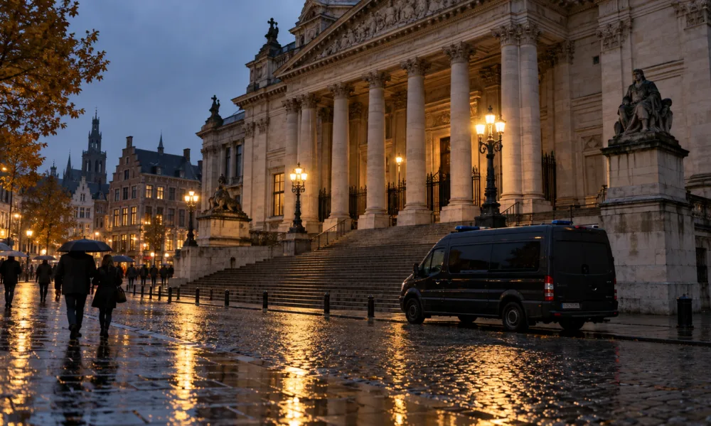 Gmach sądu w deszczowy jesienny wieczór, mokry bruk i radiowóz przed schodami