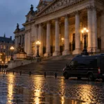 Gmach sądu w deszczowy jesienny wieczór, mokry bruk i radiowóz przed schodami