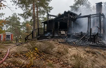 Spalony drewniany domek letniskowy w sosnowym lesie, w tle wóz strażacki i strażacy