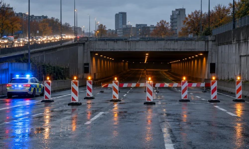 Zamknięty wjazd do tunelu drogowego z barierkami i radiowozem