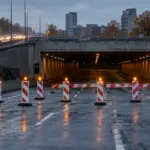Zamknięty wjazd do tunelu drogowego z barierkami i radiowozem
