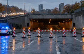 Zamknięty wjazd do tunelu drogowego z barierkami i radiowozem