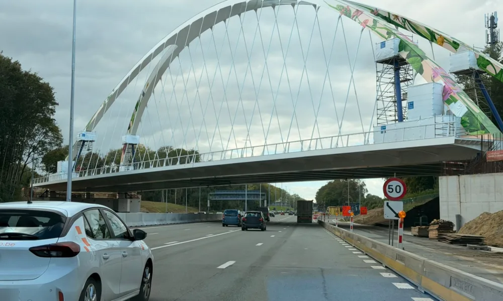 Nowy stalowy most łukowy z malowidłem kwiatów nad autostradą E40 w Bertem, widziany z jezdni, pod mostem ruch samochodów