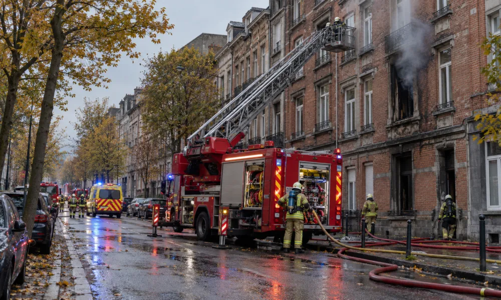 Wóz strażacki z podnośnikiem przed ceglaną kamienicą z okopconym oknem na bulwarze w Brukseli