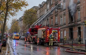 Wóz strażacki z podnośnikiem przed ceglaną kamienicą z okopconym oknem na bulwarze w Brukseli