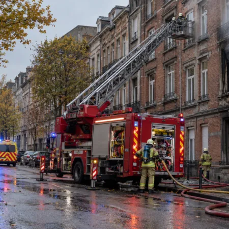 Wóz strażacki z podnośnikiem przed ceglaną kamienicą z okopconym oknem na bulwarze w Brukseli