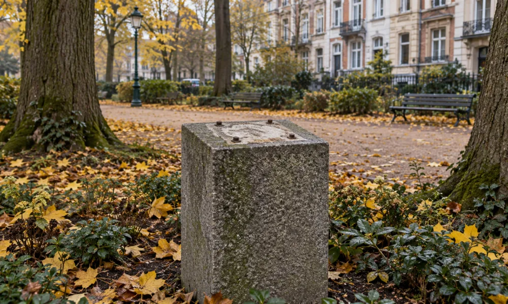 Pusty granitowy cokół po skradzionym brązowym popiersiu w jesiennym parku