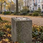 Pusty granitowy cokół po skradzionym brązowym popiersiu w jesiennym parku