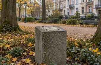 Pusty granitowy cokół po skradzionym brązowym popiersiu w jesiennym parku