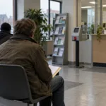 Poczekalnia ośrodka pomocy społecznej, mężczyzna z dokumentami widziany od tyłu