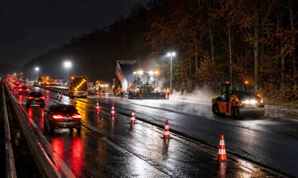 Nocne roboty drogowe na autostradzie E411 przy lesie, jeden pas ruchu otwarty