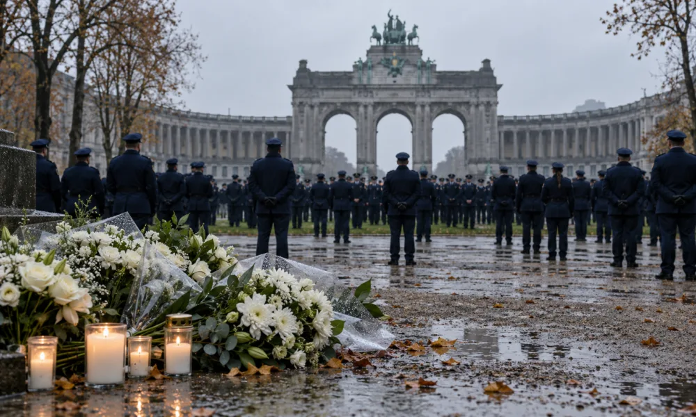 Policjanci w mundurach przed łukiem w parku Cinquantenaire, kwiaty i znicze na pierwszym planie