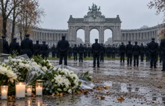 Policjanci w mundurach przed łukiem w parku Cinquantenaire, kwiaty i znicze na pierwszym planie