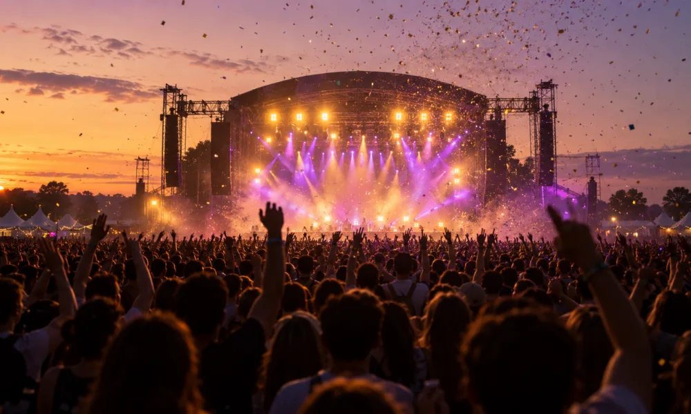 Główna scena festiwalu muzycznego o zmierzchu widziana z tłumu