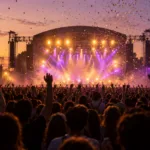 Główna scena festiwalu muzycznego o zmierzchu widziana z tłumu
