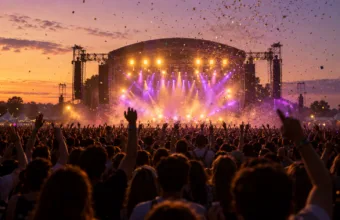 Główna scena festiwalu muzycznego o zmierzchu widziana z tłumu