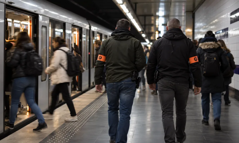 Dwóch policjantów po cywilnemu z opaskami na peronie stacji metra w Brukseli
