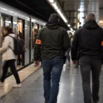 Dwóch policjantów po cywilnemu z opaskami na peronie stacji metra w Brukseli