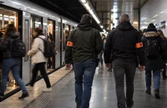 Dwóch policjantów po cywilnemu z opaskami na peronie stacji metra w Brukseli