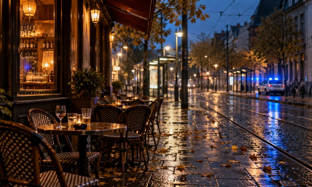 Pusty taras baru przy przystanku tramwajowym wieczorem, w tle światła radiowozu