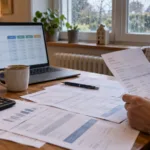 Rachunki za energię, kalkulator i laptop na kuchennym stole