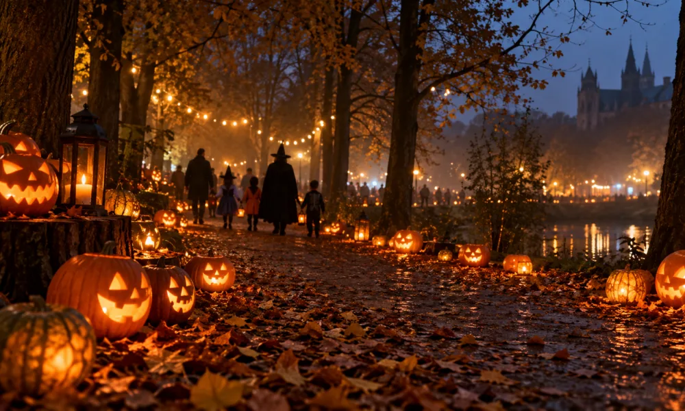 Jesienna aleja w parku oświetlona wyrzeźbionymi dyniami i girlandami lampek w halloweenowy wieczór