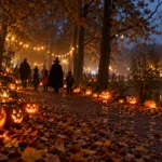 Jesienna aleja w parku oświetlona wyrzeźbionymi dyniami i girlandami lampek w halloweenowy wieczór