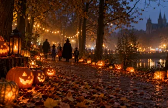 Jesienna aleja w parku oświetlona wyrzeźbionymi dyniami i girlandami lampek w halloweenowy wieczór