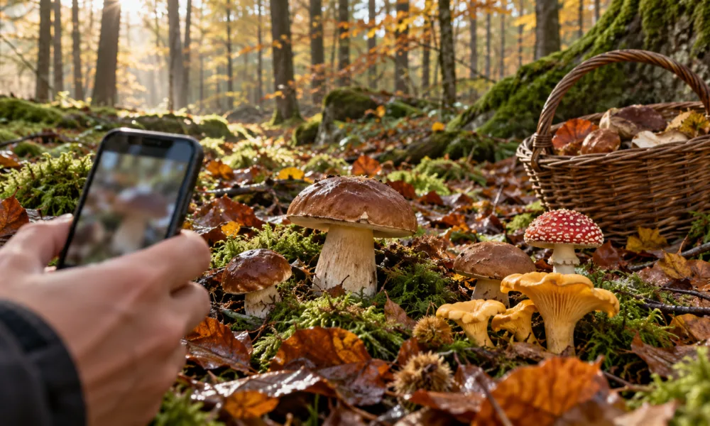 Dzikie grzyby w jesiennym lesie bukowym, koszyk z grzybami i dłoń ze smartfonem skierowanym na grzyb