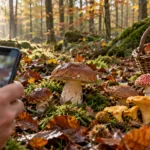Dzikie grzyby w jesiennym lesie bukowym, koszyk z grzybami i dłoń ze smartfonem skierowanym na grzyb