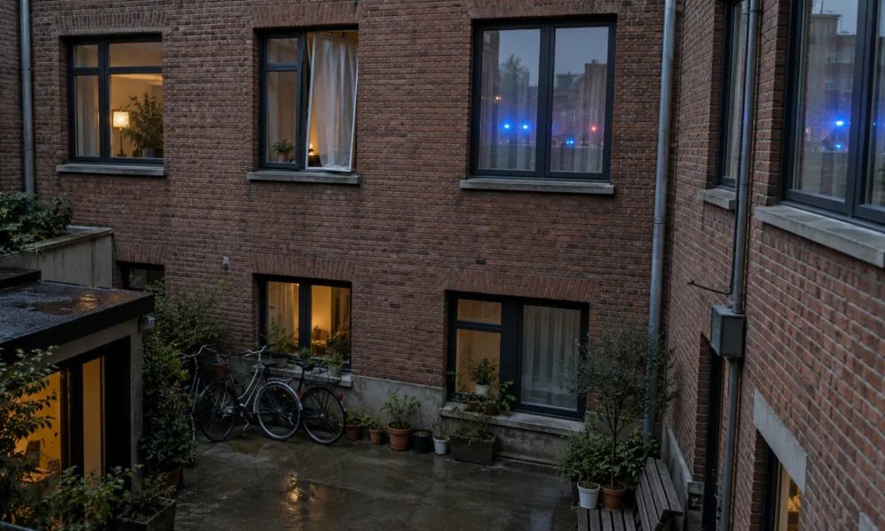 Tylna fasada ceglanego bloku mieszkalnego w Antwerpii z oknami na drugim piętrze