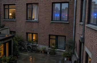 Tylna fasada ceglanego bloku mieszkalnego w Antwerpii z oknami na drugim piętrze