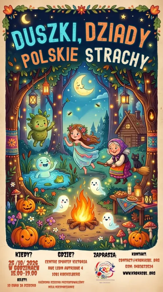 Plakat wydarzenia „Duszki, dziady, polskie strachy” - ilustracja z lasem nocą, ogniskiem, duszkami i postaciami ze słowiańskich wierzeń