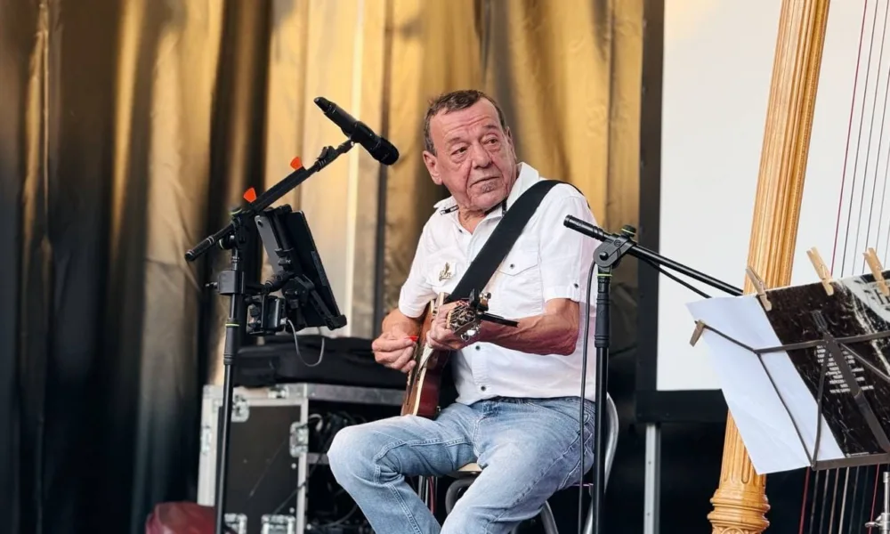 Dominique Piron podczas koncertu, obok harfa